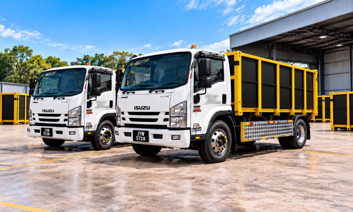 Dua lori Isuzu IE Industrial Logistics dengan tong RORO di yard Johor Bahru
